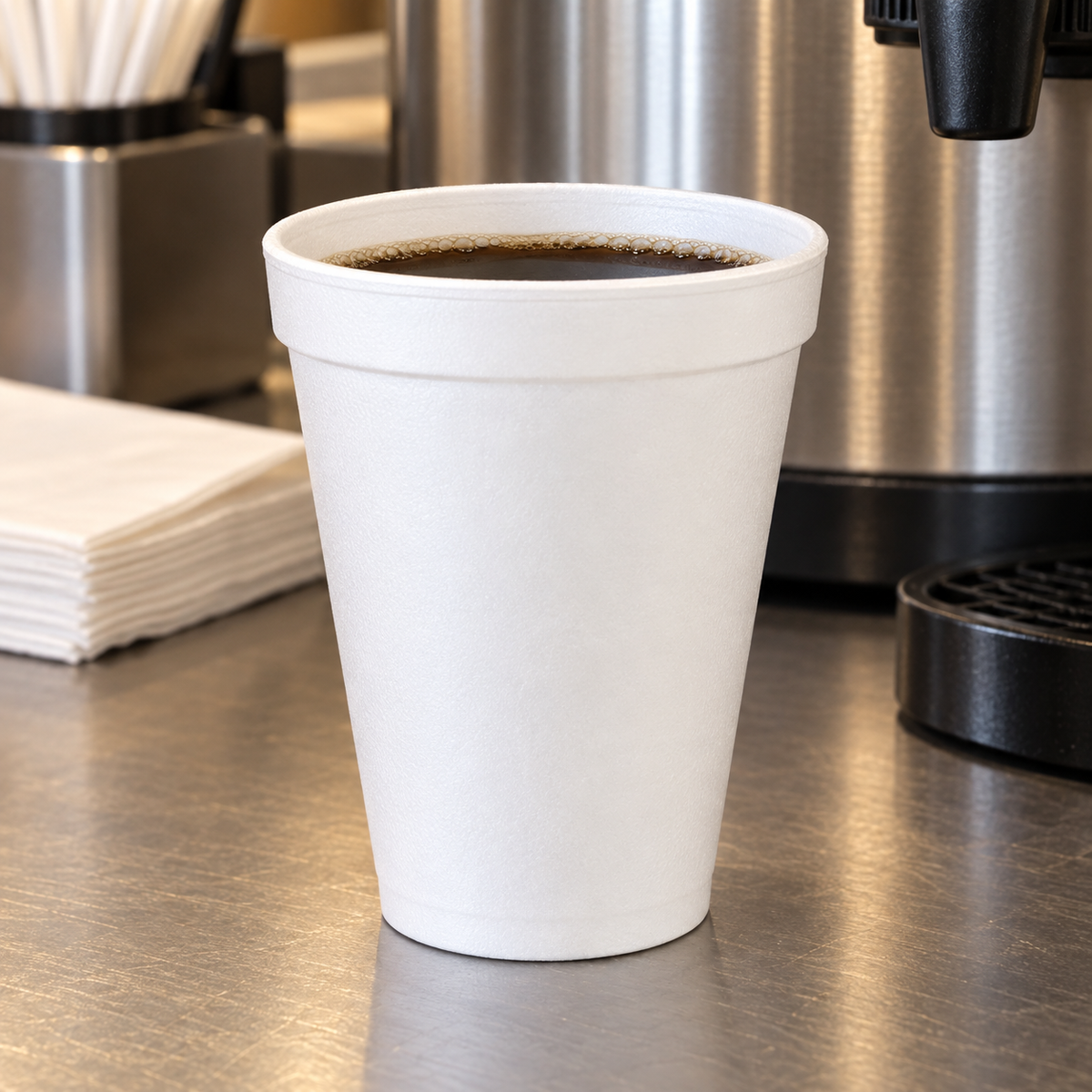 Dart 12J16 white foam cup at a commercial coffee station