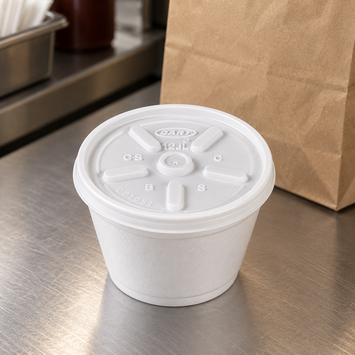 Dart 12JL lid fitted to a 6SJ12 container at a packing counter, container sold separately