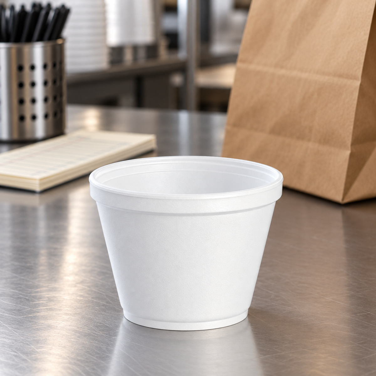 Dart 12SJ20 white foam container at a restaurant packing counter; AI-assisted supporting scene