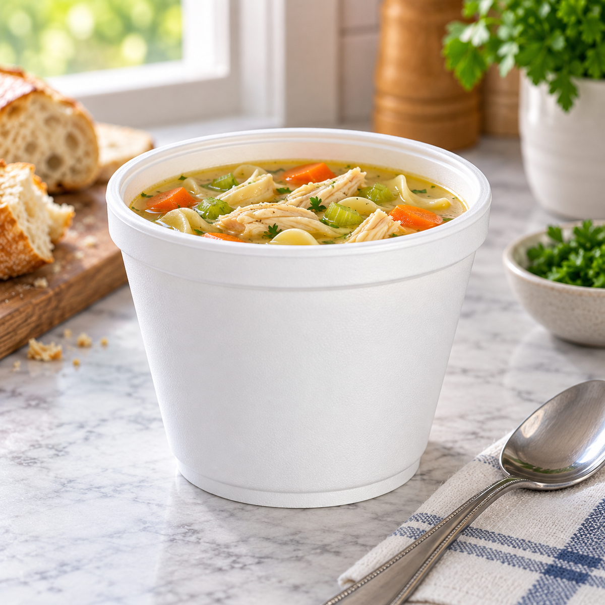 Dart 12SJ20 foam container holding chicken noodle soup; AI-assisted scene, food and props not included
