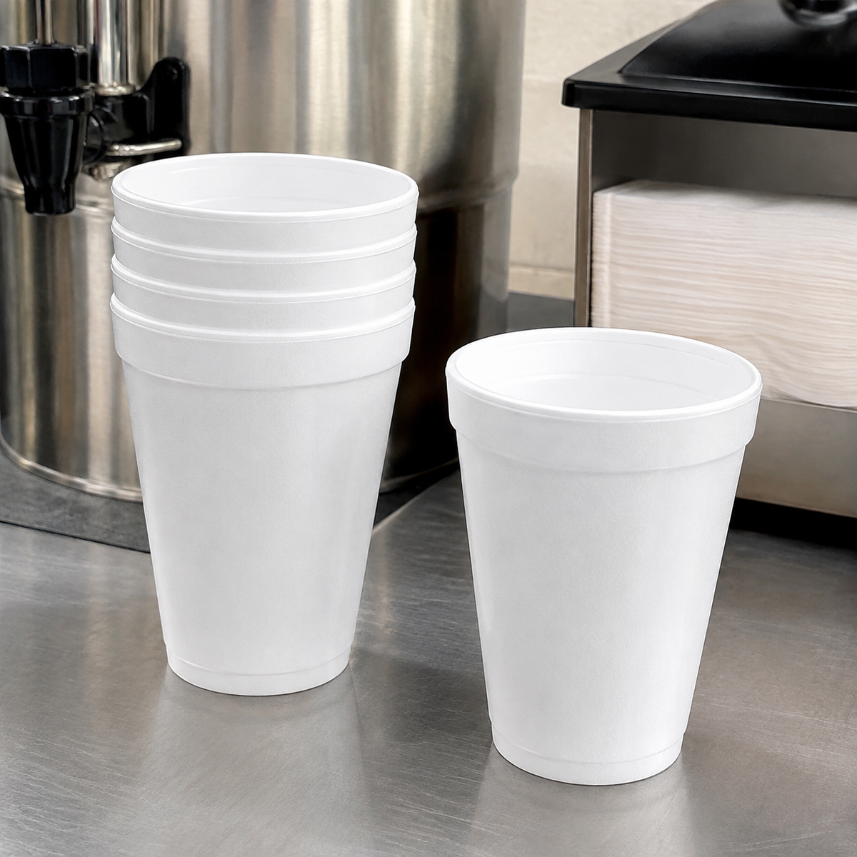 Dart 16J16 white 16 oz foam cups at a beverage station, AI-assisted context