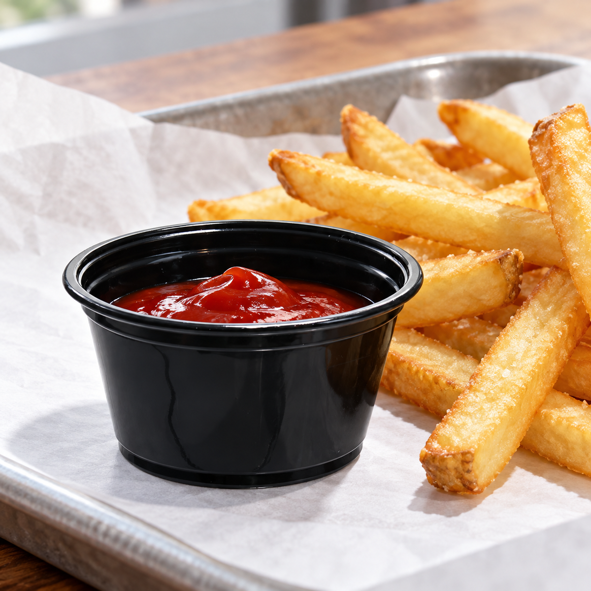 Dart 200PCBLK 2 oz black portion cup with ketchup beside fries; AI-assisted serving scene