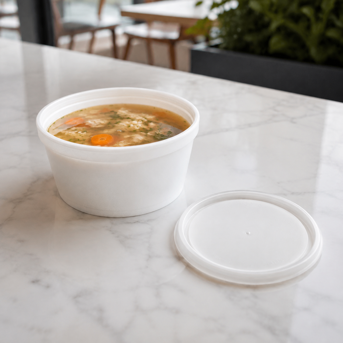Dart 20JL translucent vented lid beside soup service, AI-assisted context; container sold separately