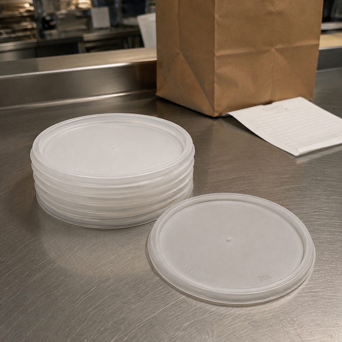 Dart 20JL translucent vented lids at a restaurant packing station, AI-assisted context
