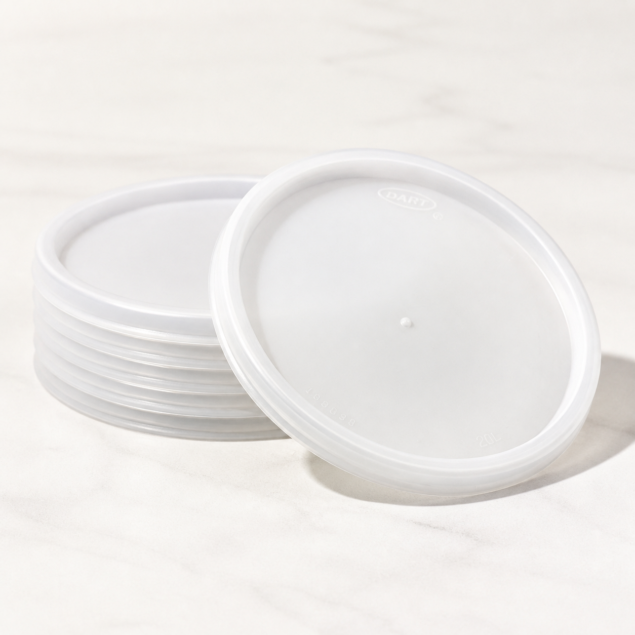 Dart 20JL translucent vented lids in a nested stack, AI-assisted product illustration
