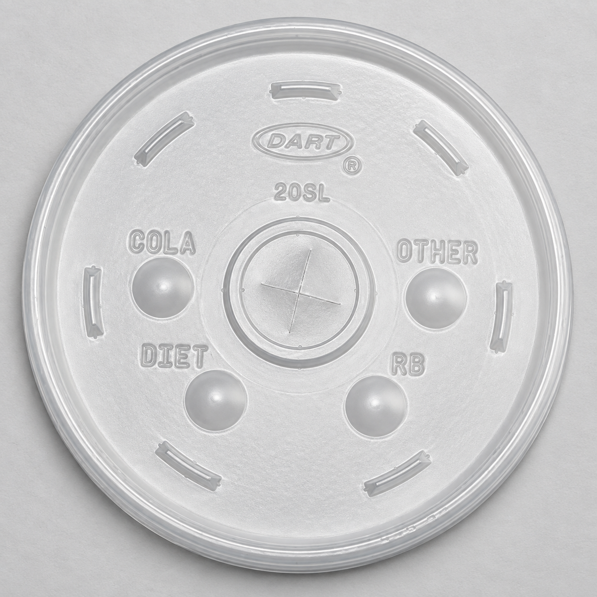 Dart 20SL translucent straw-slot lid with drink identification buttons, 1,000 lids per carton
