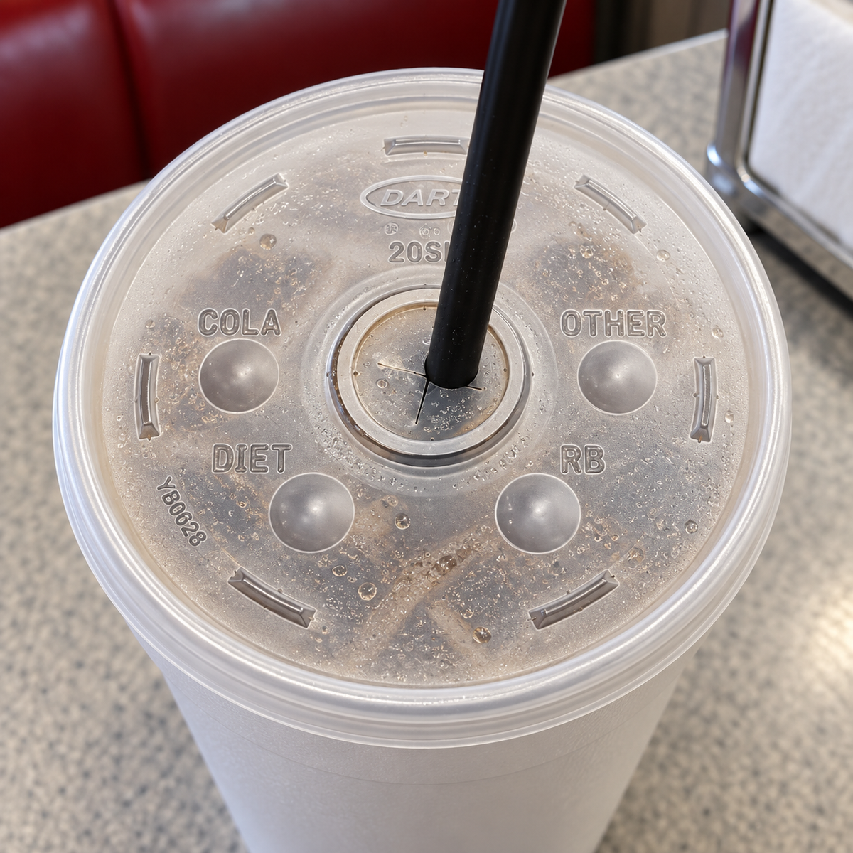 Dart 20SL translucent lid on a foam beverage cup with a straw; cup and straw sold separately