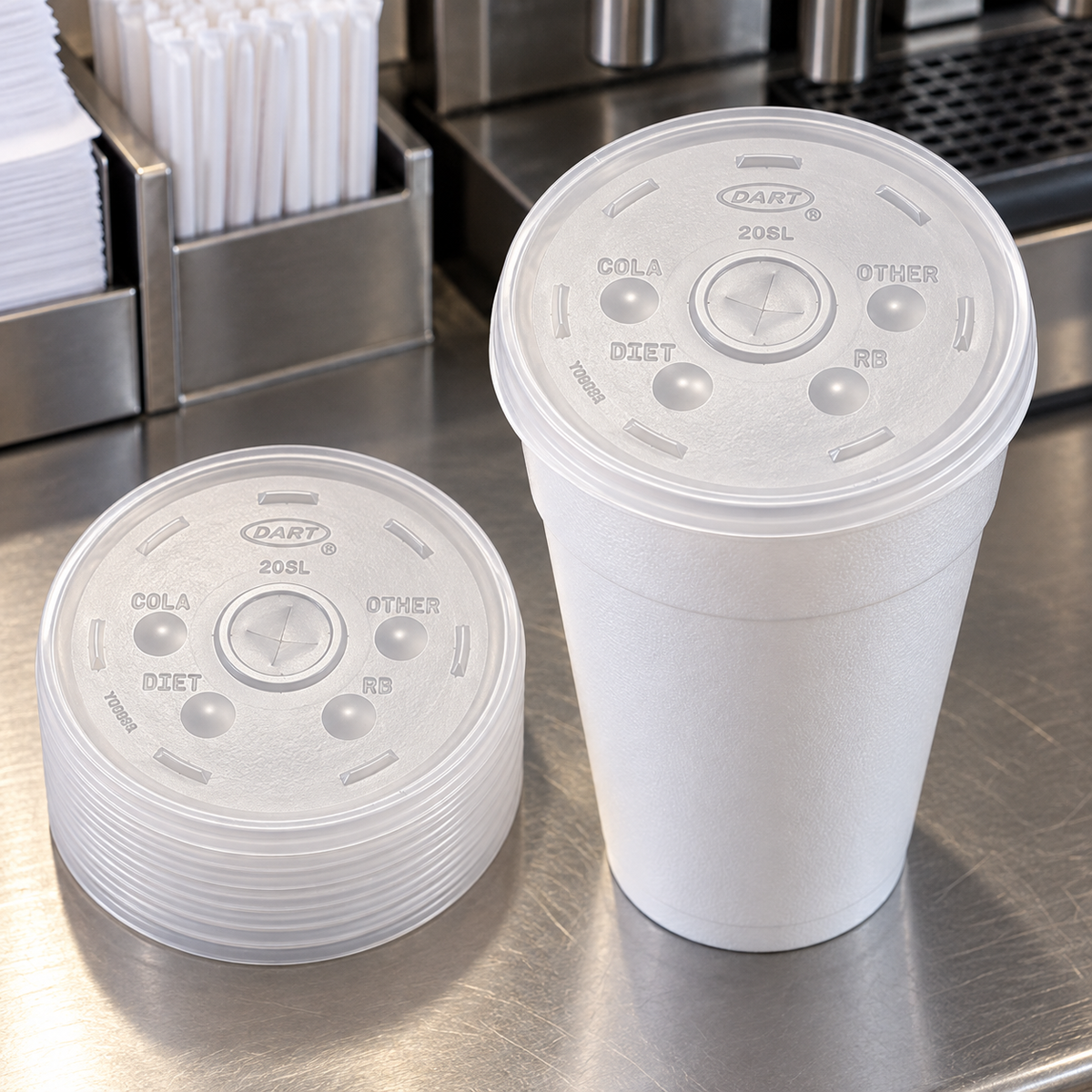 Dart 20SL lids stacked beside a foam beverage cup at a restaurant drink station