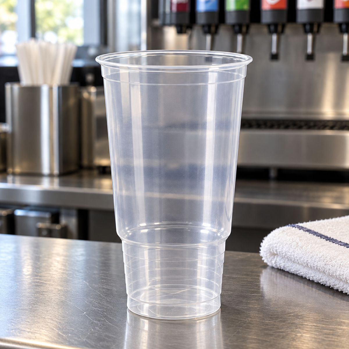 Dart 32P 32 oz clear PP pedestal cold cup at a commercial beverage station, cup only