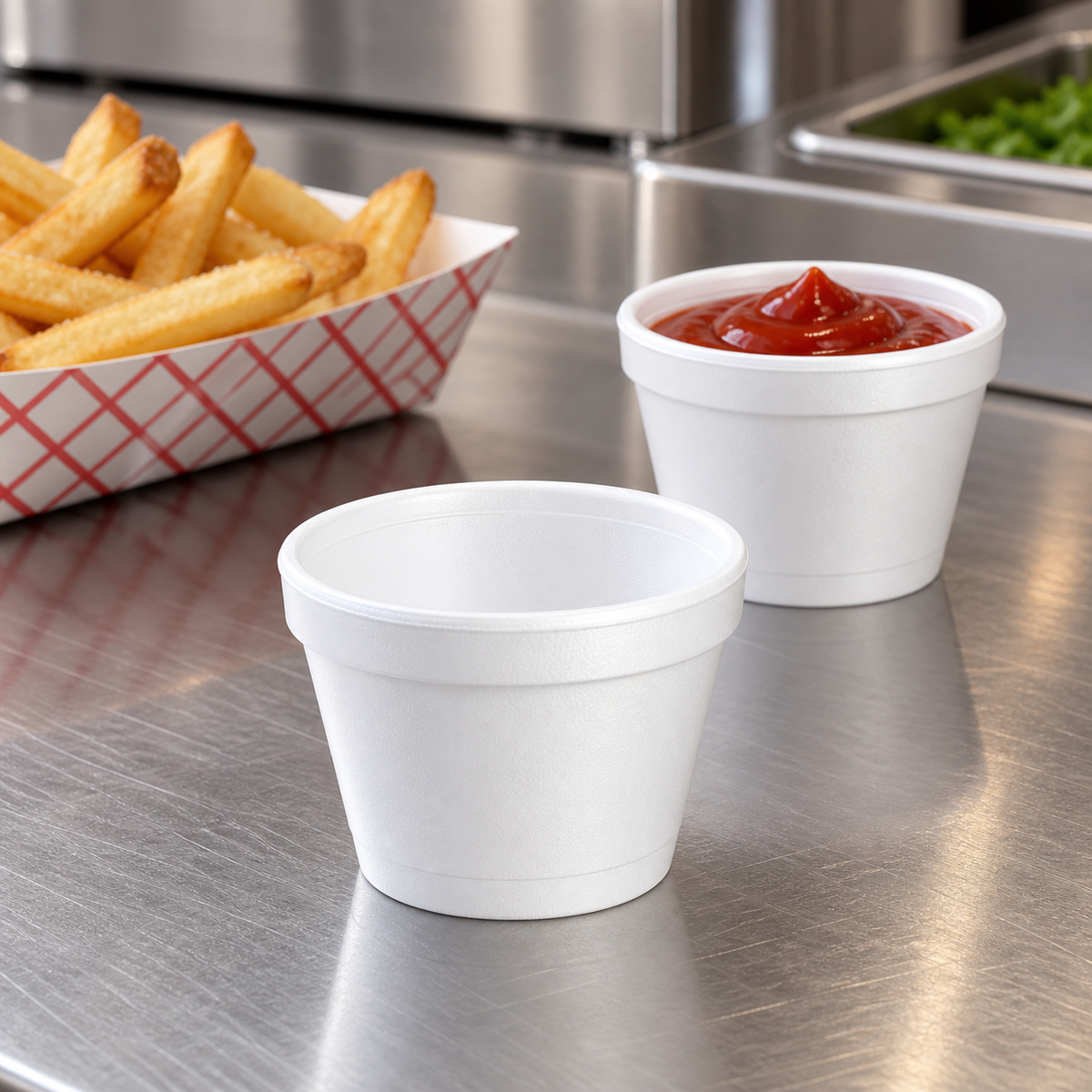Dart 4J6 4 oz foam containers at a foodservice portioning station; food not included