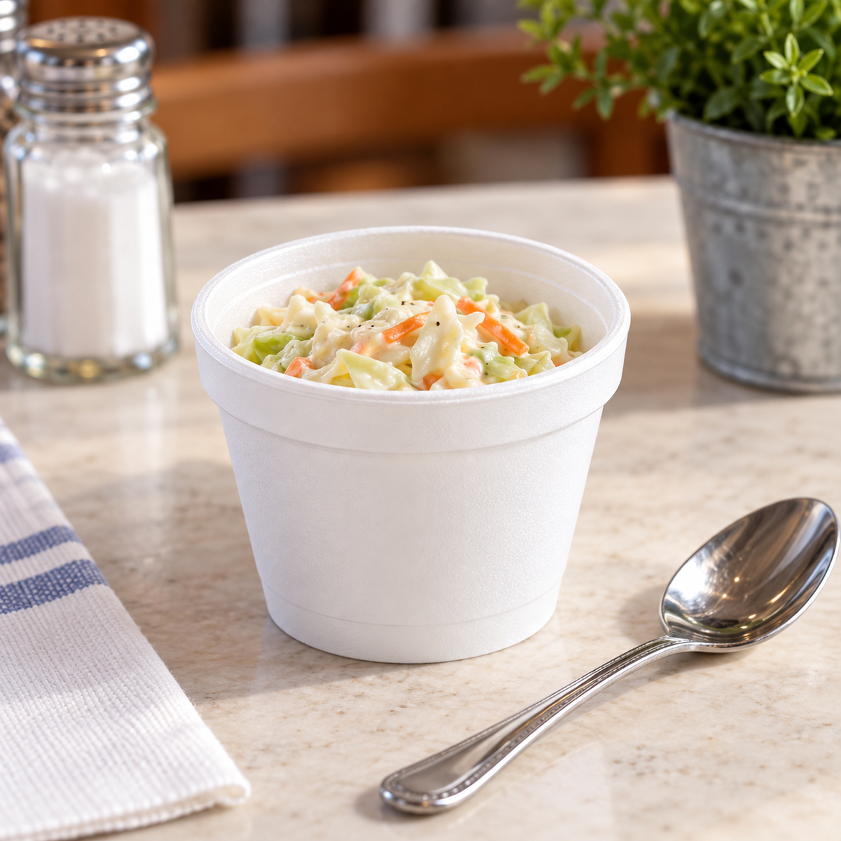 Dart 4J6 4 oz foam container with a small coleslaw serving; food not included