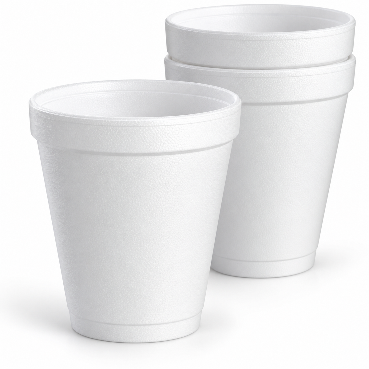 Dart 8J8 white EPS foam cups showing the rim, foam texture and nesting