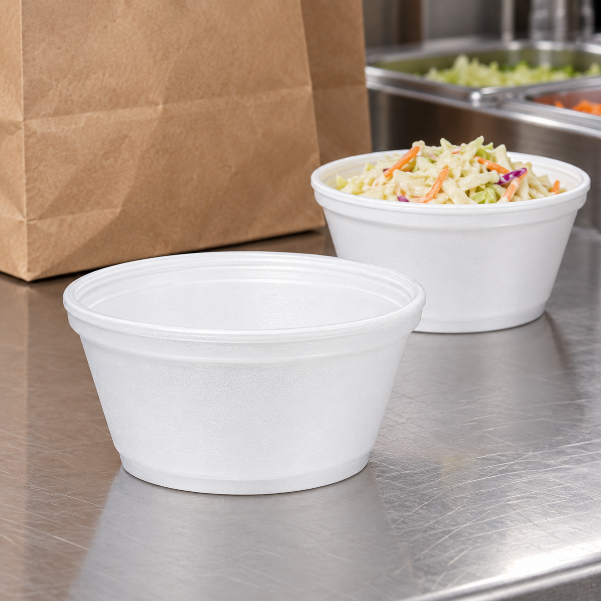 Dart 8SJ20 8 oz white EPS foam food container — commercial packing station illustration; accessories not included (AI-assisted)