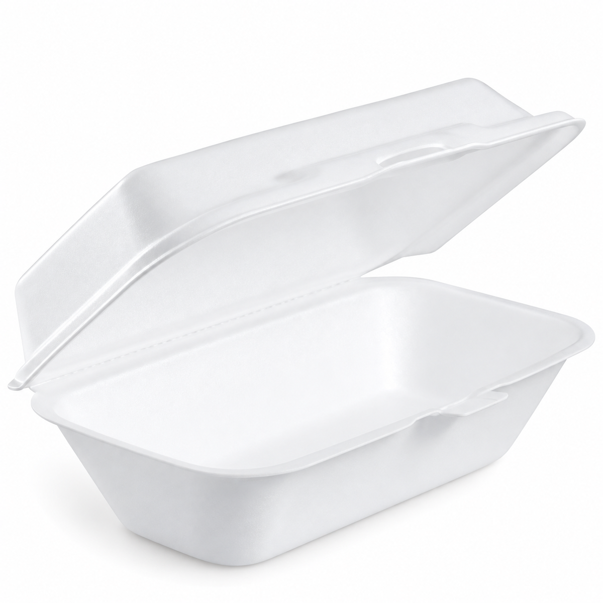 Dart 99HT1R white foam hoagie container showing open removable hinged lid; AI-assisted supporting view