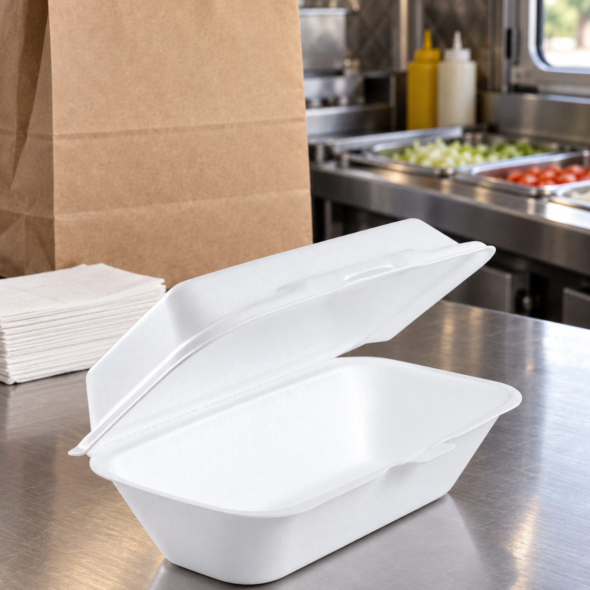 Dart 99HT1R white foam hoagie container at a deli packing station; AI-assisted scene, props not included