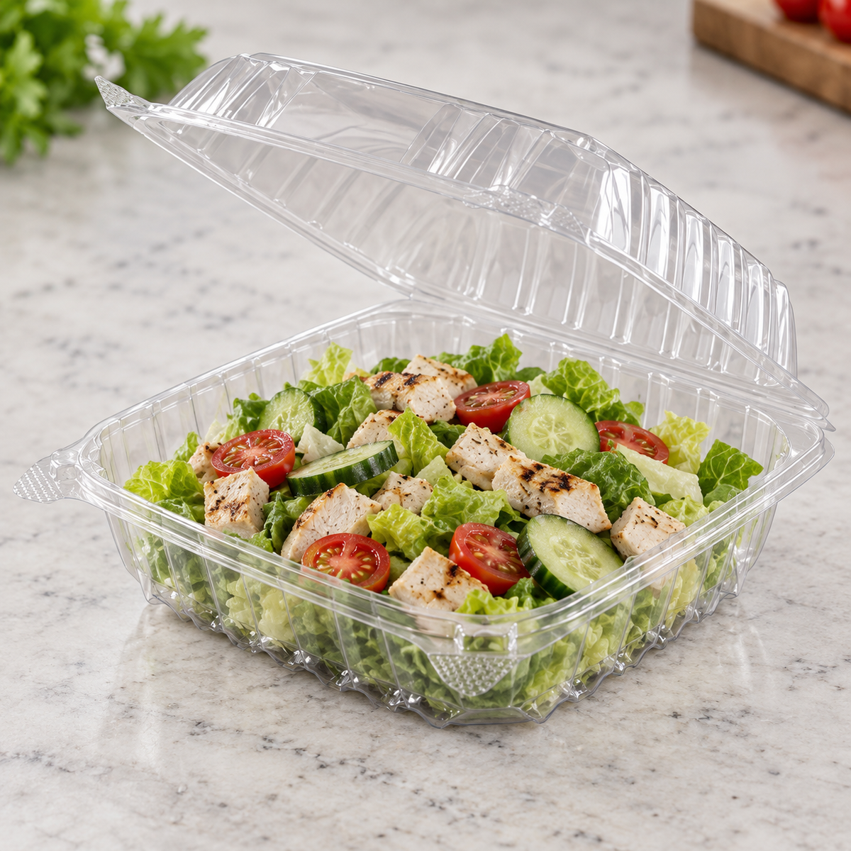 Dart C90PST1 clear hinged container holding a chilled chicken salad