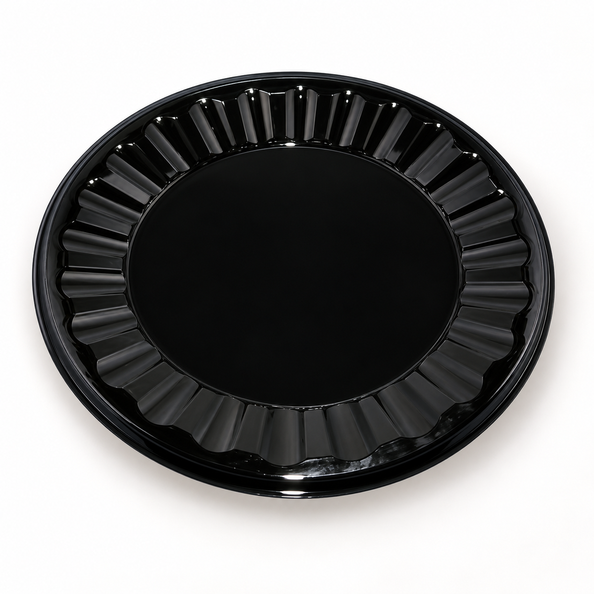 DFI CP-18 black round catering tray showing the flat center and fluted rim