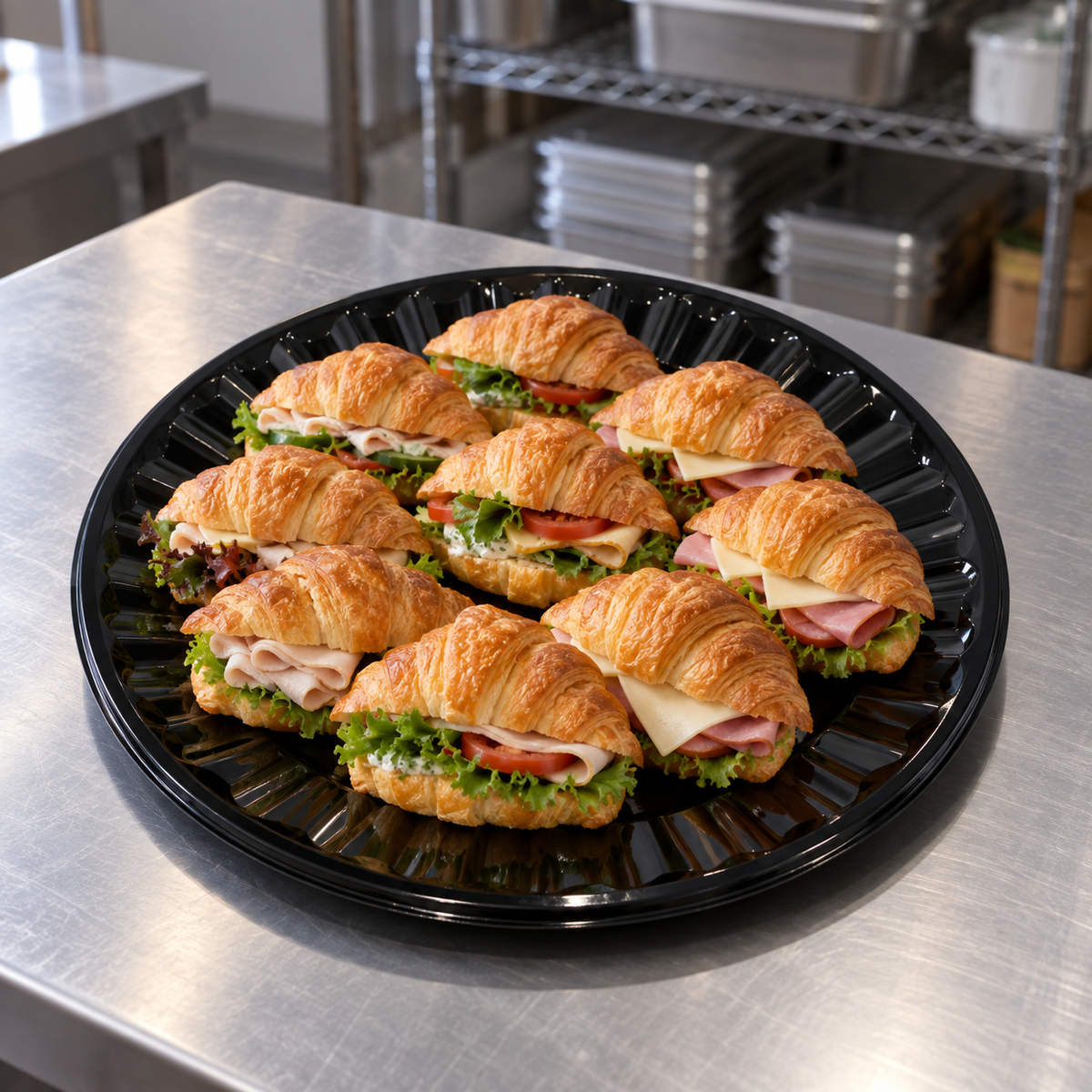 DFI CP-18 black catering platter with croissant sandwiches on a commercial prep counter
