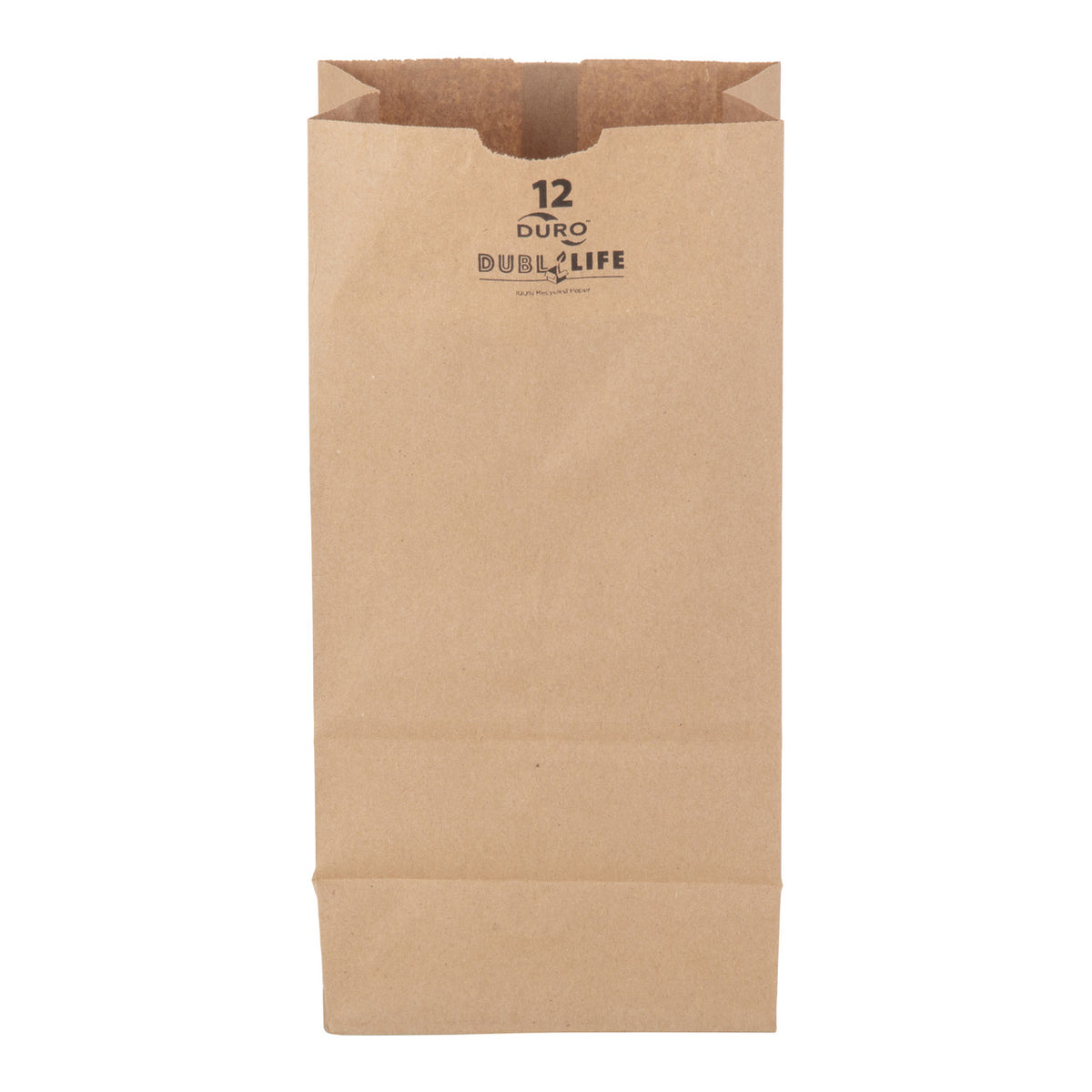 Dubl Life 12 lb kraft grocery paper bag by Duro, open front view, 500 bags per case