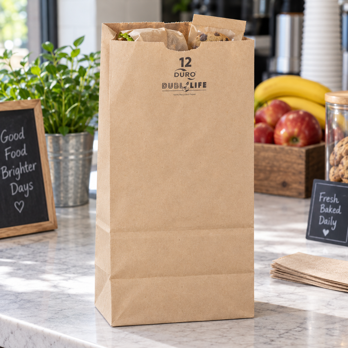 Dubl Life 18412 kraft grocery paper bag holding a wrapped lunch; AI-assisted scene, contents not included