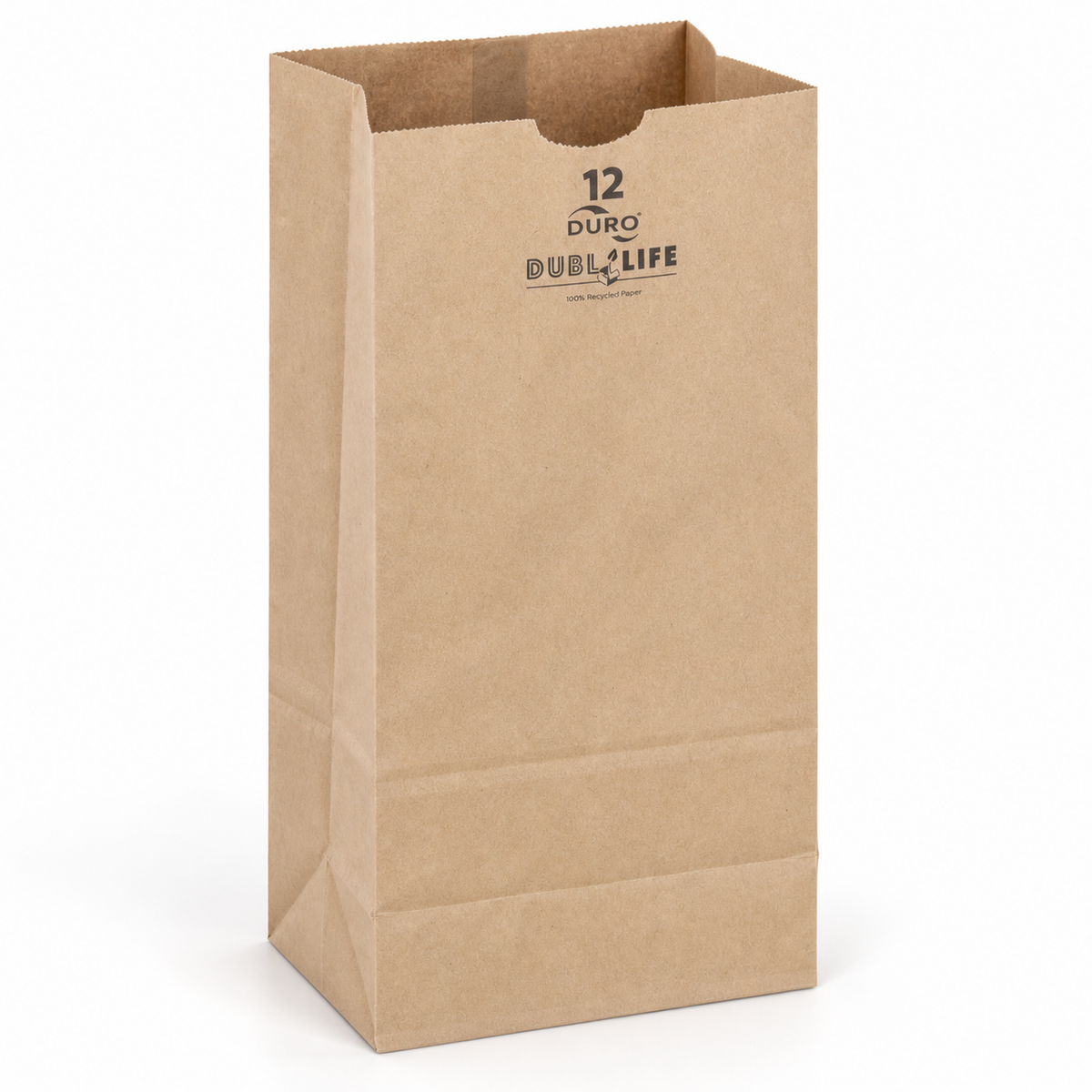 Dubl Life 18412 #12 kraft paper grocery bag in a studio view; AI-assisted manufacturer-reference image