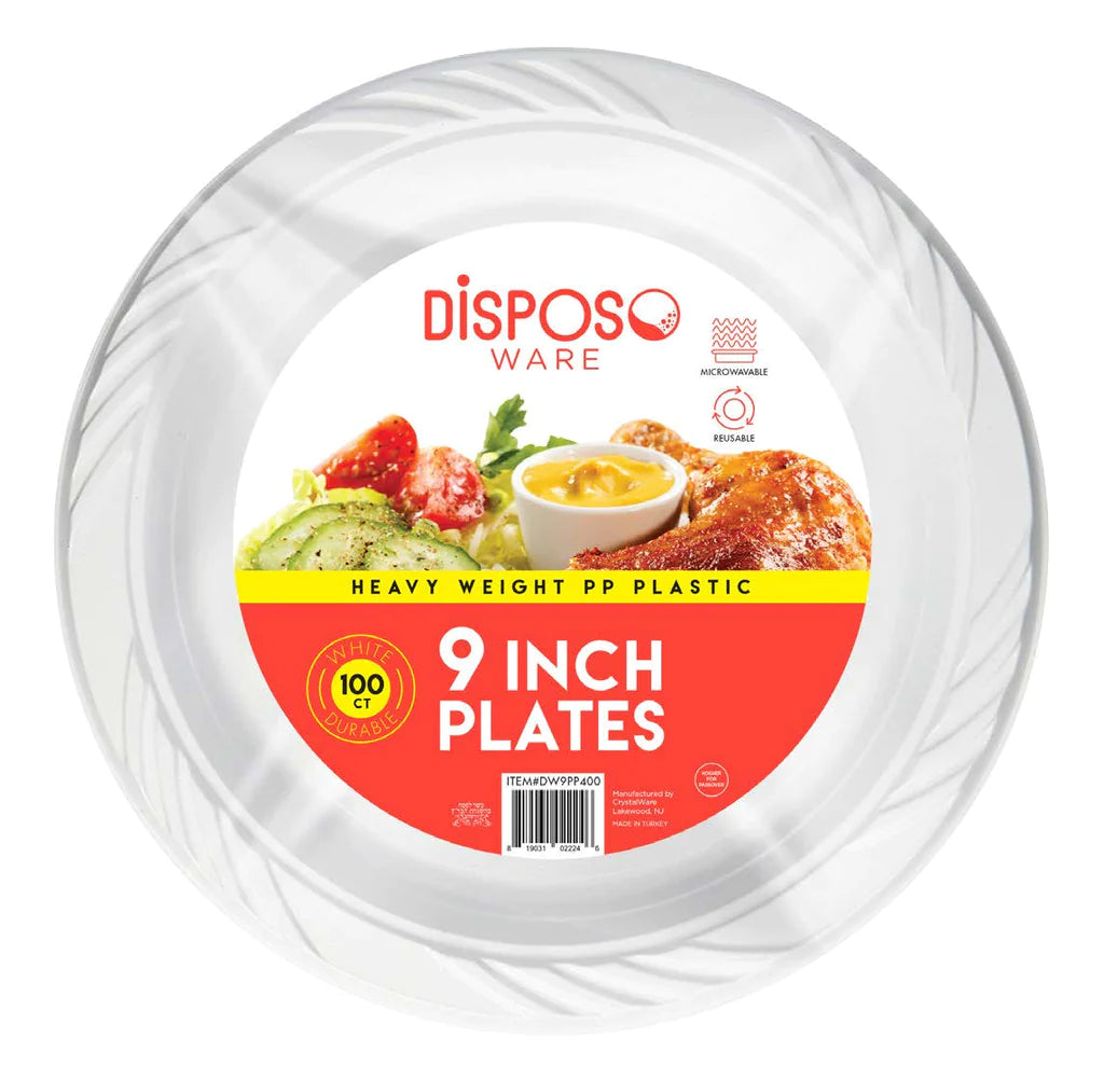 Disposo Ware 9in White Round Plastic Plates 4/100cs