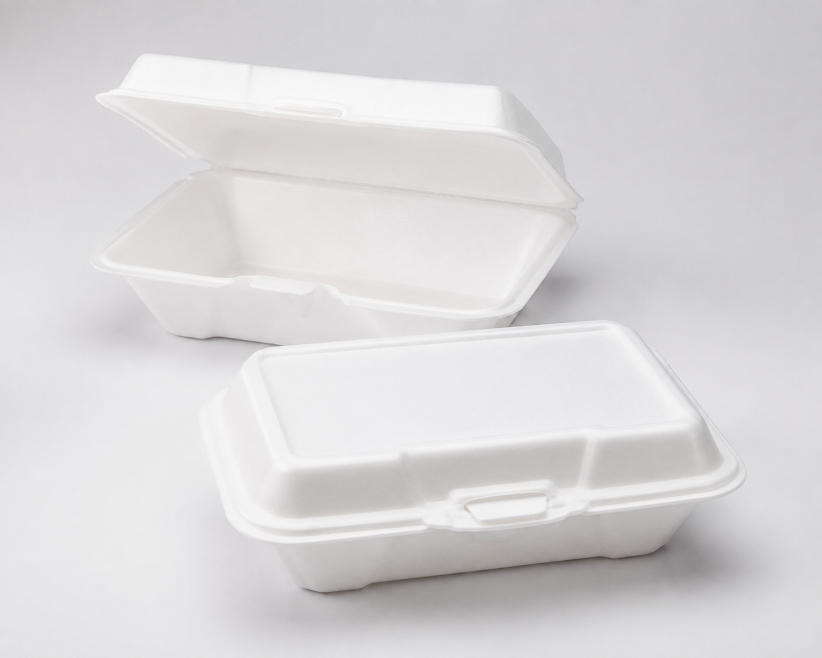 EcoPax 205 white foam hinged containers shown open and closed, AI-assisted illustration