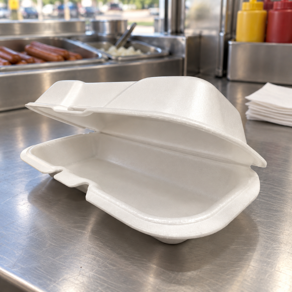 Ecopax 622 foam hot dog container on a concession stand packing counter