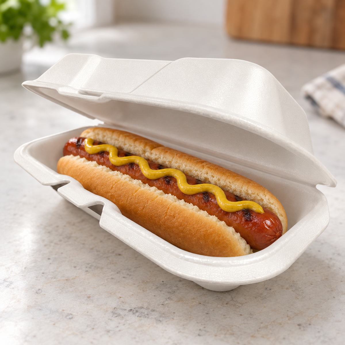 Ecopax 622 pearl-white hot dog container with a hot dog serving suggestion; food not included