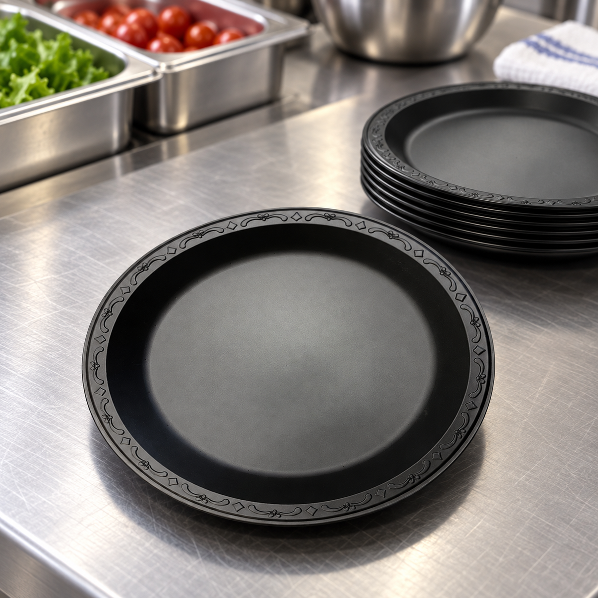 Ecopax PP091-BK 9-inch black plates on a catering prep counter; AI-assisted context view