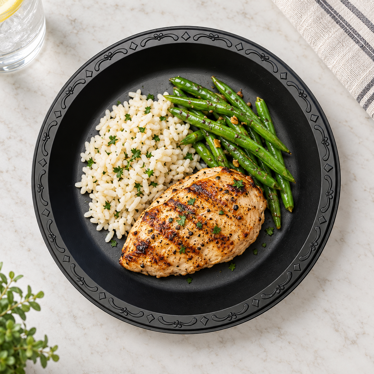 Ecopax PP091-BK black 9-inch plate serving a meal; AI-assisted usage view, food and props not included