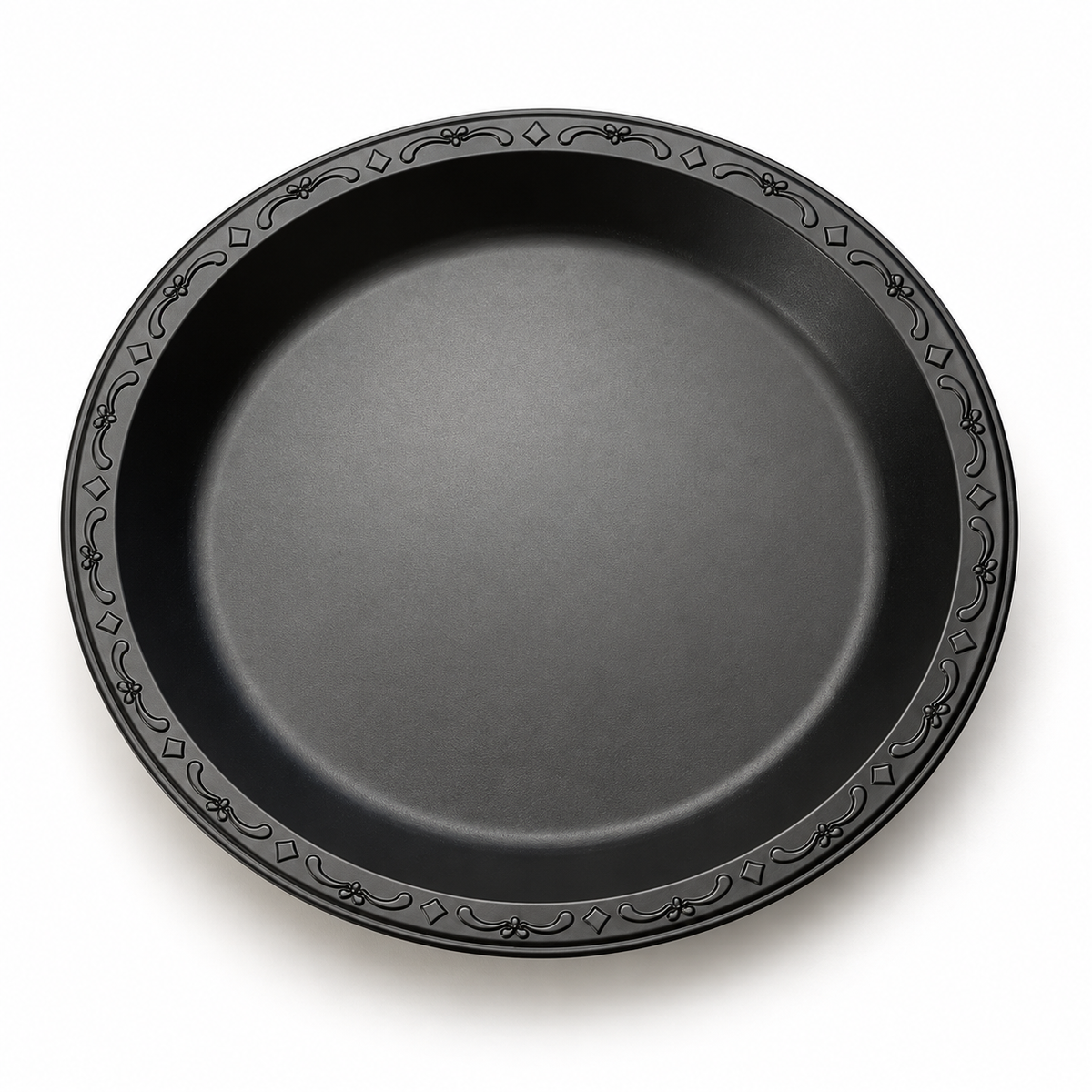 Ecopax PP091-BK 9-inch black MFPP one-compartment plate with decorative rim; AI-assisted studio view