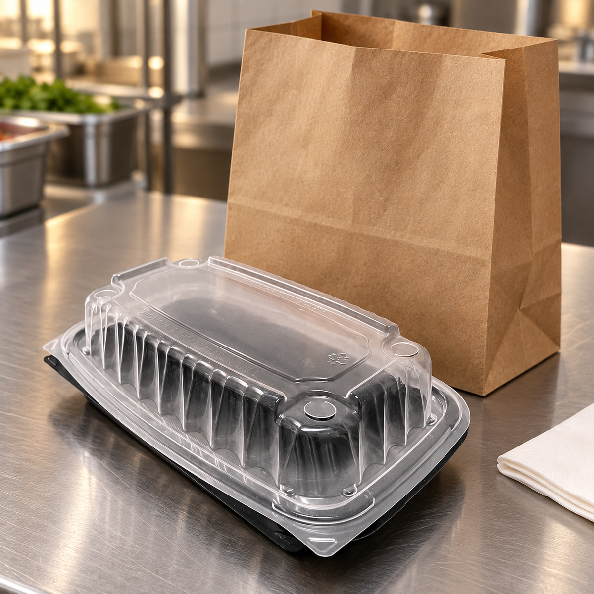 EcoPax PVS205-BK rectangular hinged container on a commercial packing counter beside a kraft carryout bag