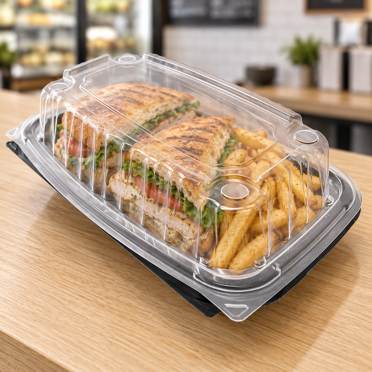 EcoPax PVS205-BK black and clear hinged takeout container with a sandwich and fries visible through the closed lid; serving example