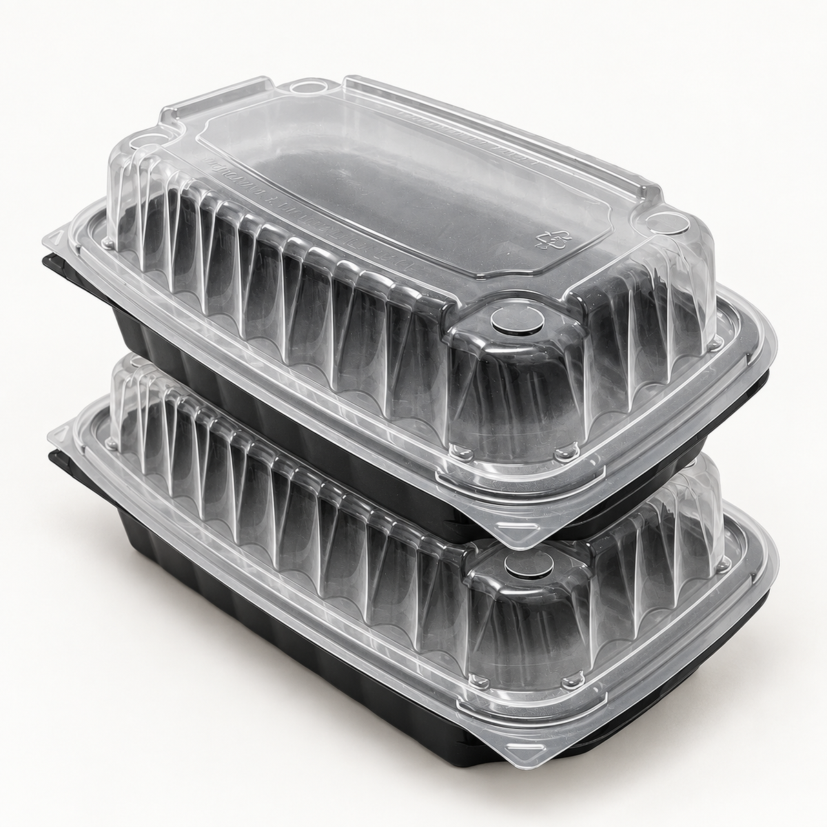 Two EcoPax PVS205-BK rectangular black PP containers stacked with their clear hinged lids closed