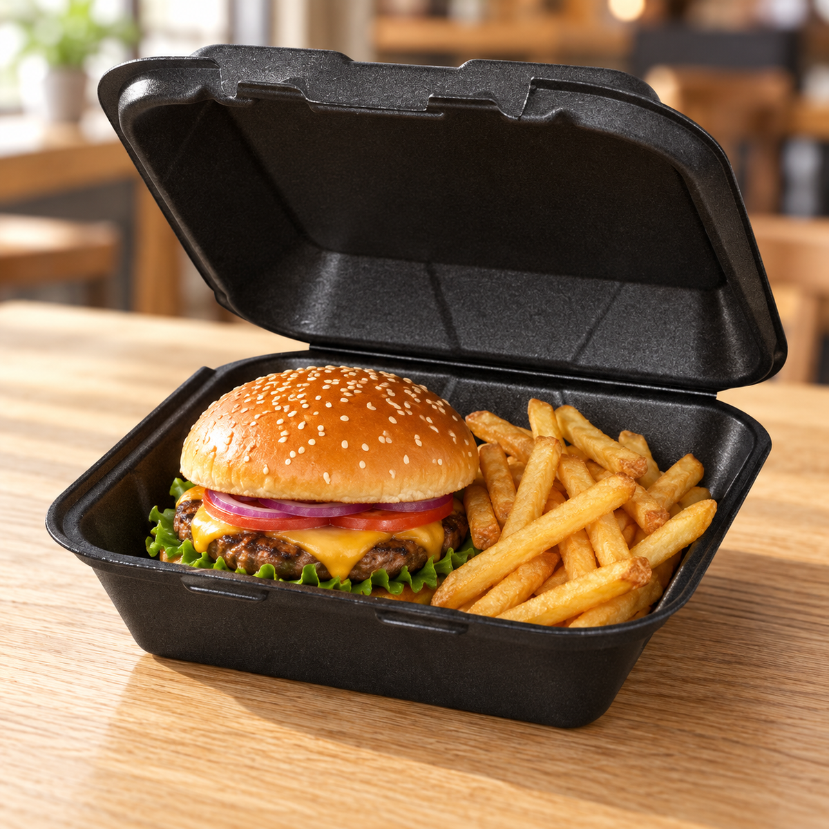 EcoPax RE883S-Black 8 inch black foam hinged container holding a burger and fries in its single compartment