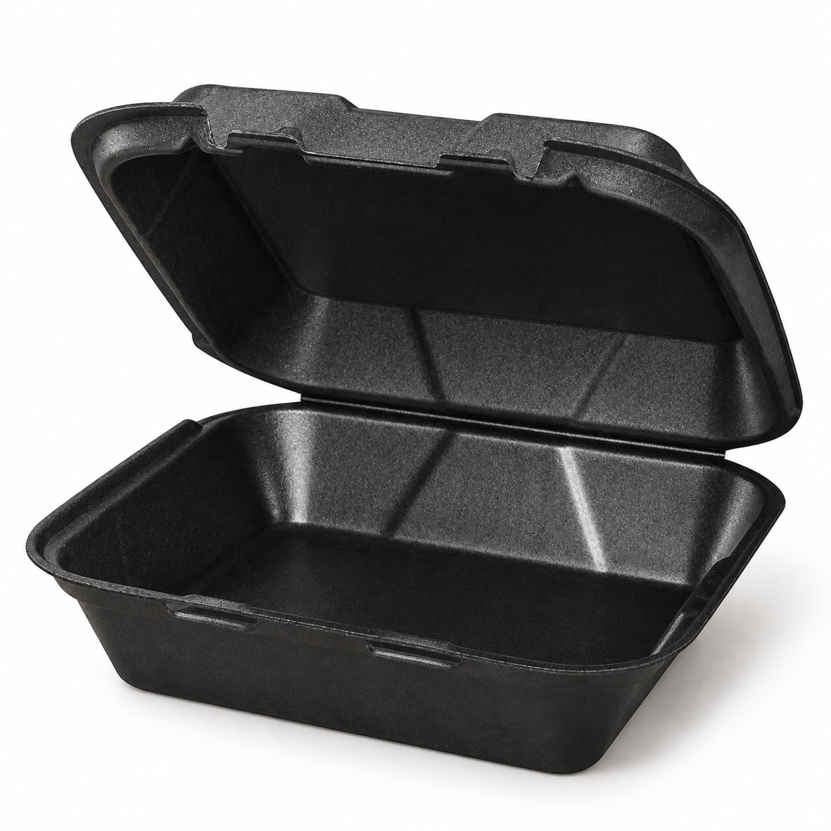 EcoPax RE883S-Black black foam takeout container showing its empty single compartment, hinged lid and front closure tabs