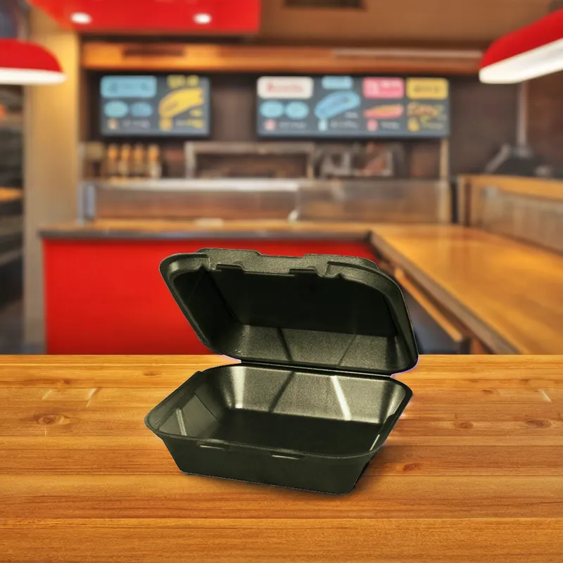 EcoPax RE883S-Black vented one-compartment black foam clamshell container detail