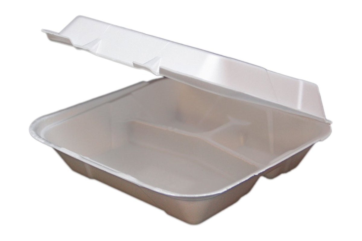 Ecopax RE993 white three-compartment foam hinged container with attached lid, 200 per case