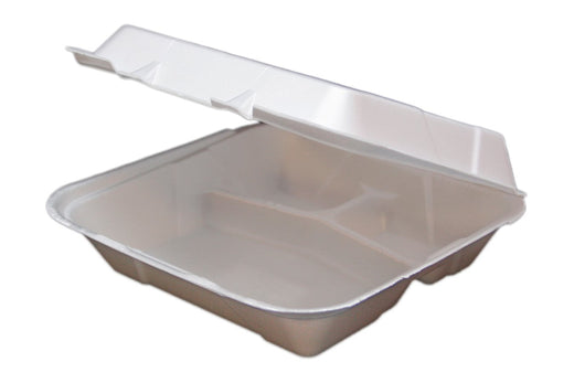 Ecopax RE993 white three-compartment foam hinged container with attached lid, 200 per case