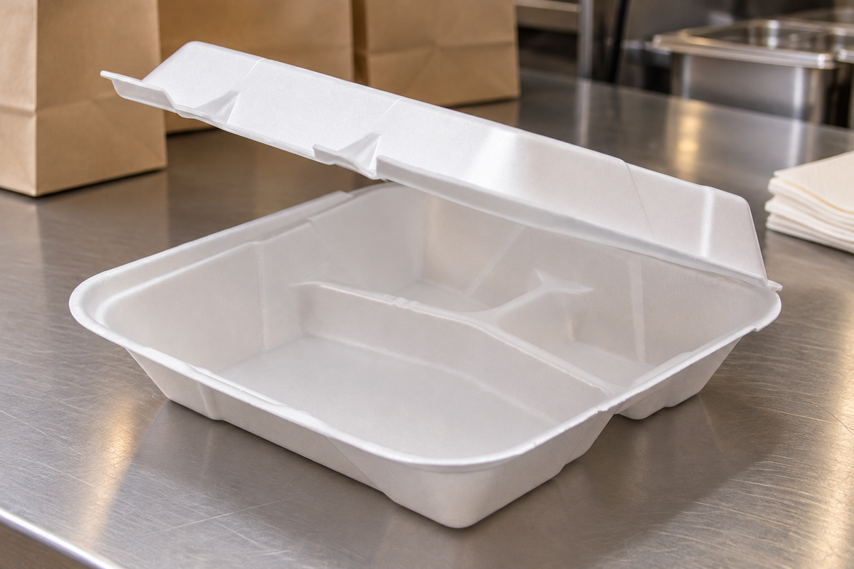 Ecopax RE993 white three-compartment foam container at a restaurant packing station