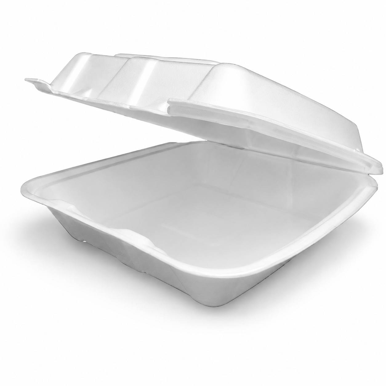 EcoPax Regal RE993S white foam hinged container showing its single compartment and attached lid
