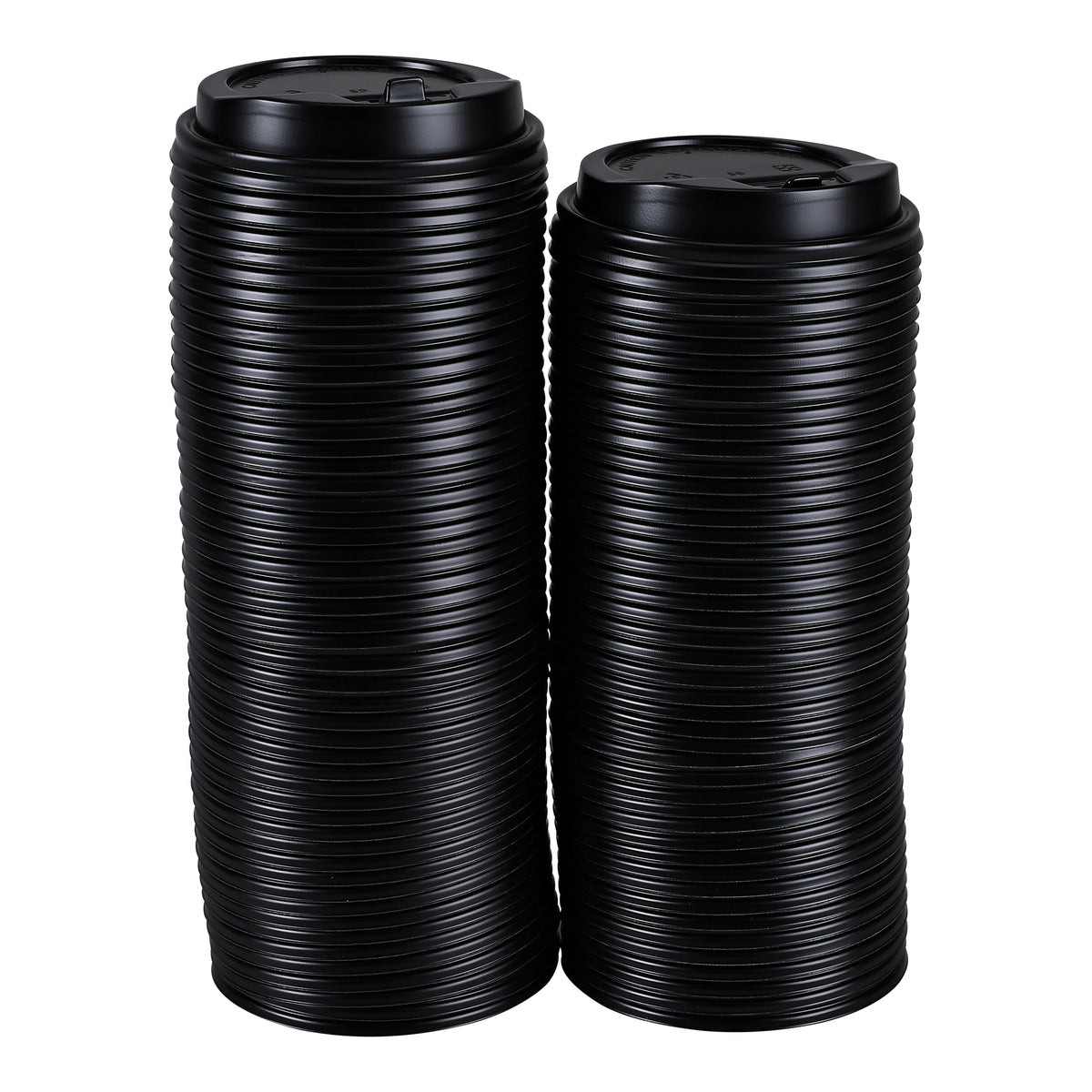 Stack of Empress E1020-DLB black dome hot cup lids, manufacturer photograph