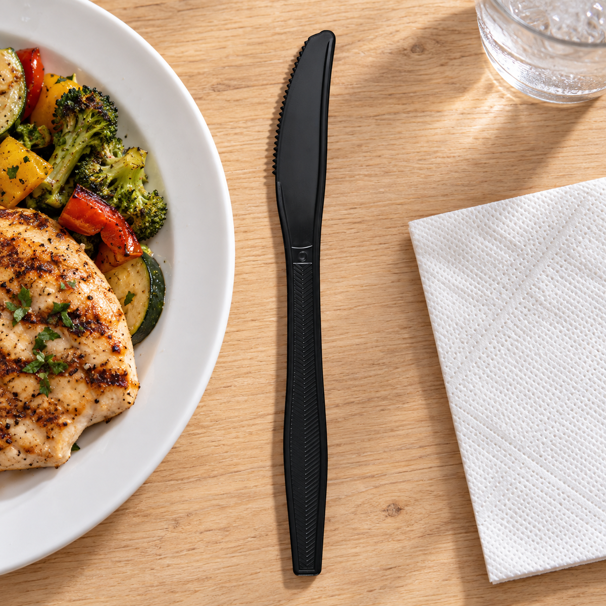 Empress E183003 black PS knife beside a served meal