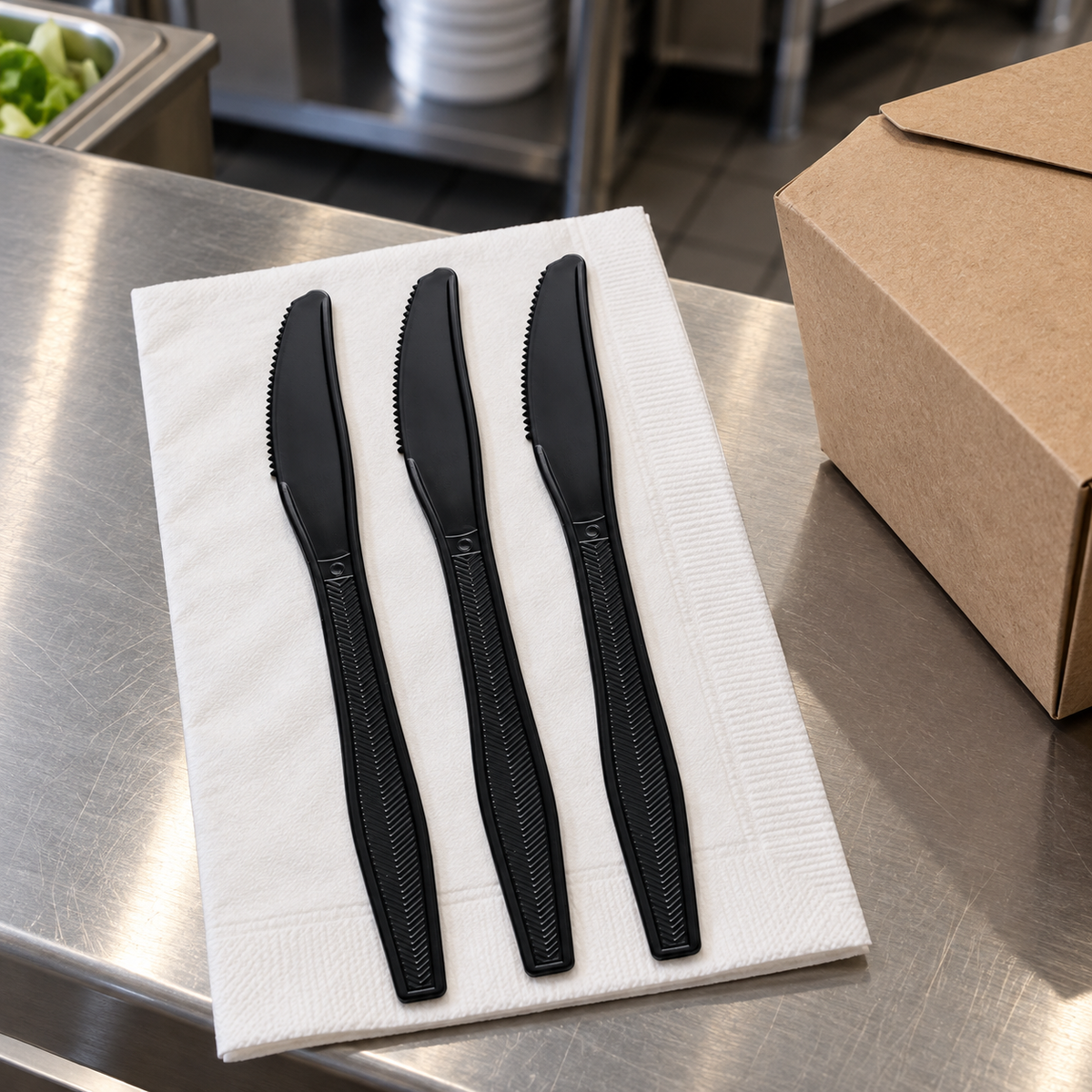 Empress E183003 black PS knives arranged at a takeout preparation counter