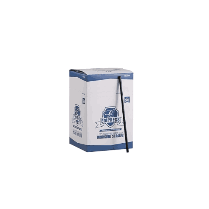 Empress E2100BK 500-count box with black 7.75-inch jumbo straw; packaging artwork may vary