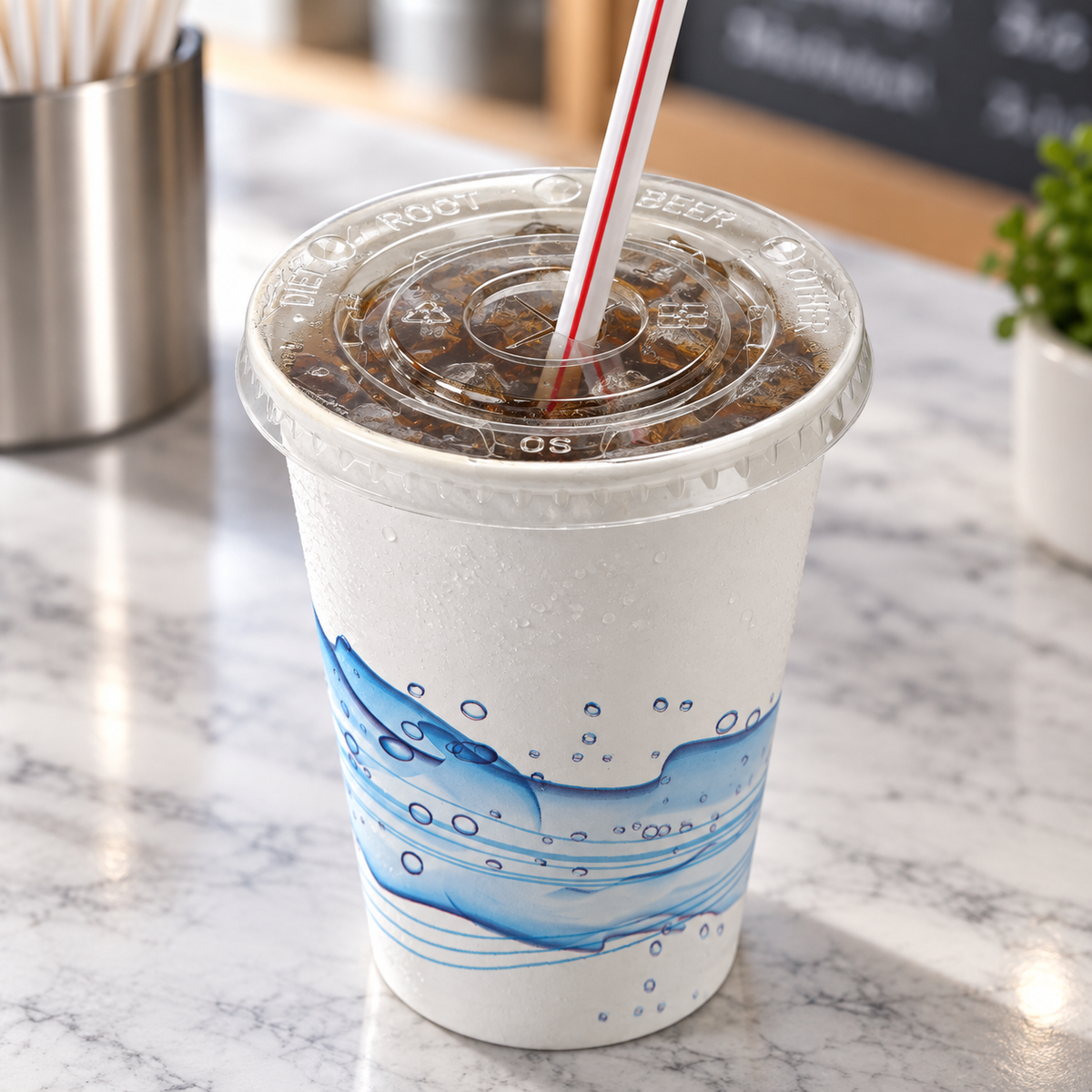 AI-assisted illustration of the Empress ECCFLID-12-22 lid in cold beverage service; cup, straw and drink not included