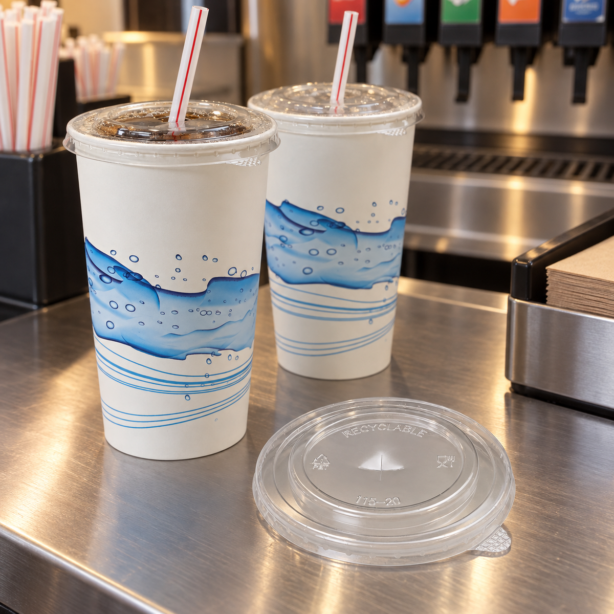 AI-assisted beverage counter scene with Empress ECCFLID-44 lids and matching 44 oz cups; cups and straws sold separately