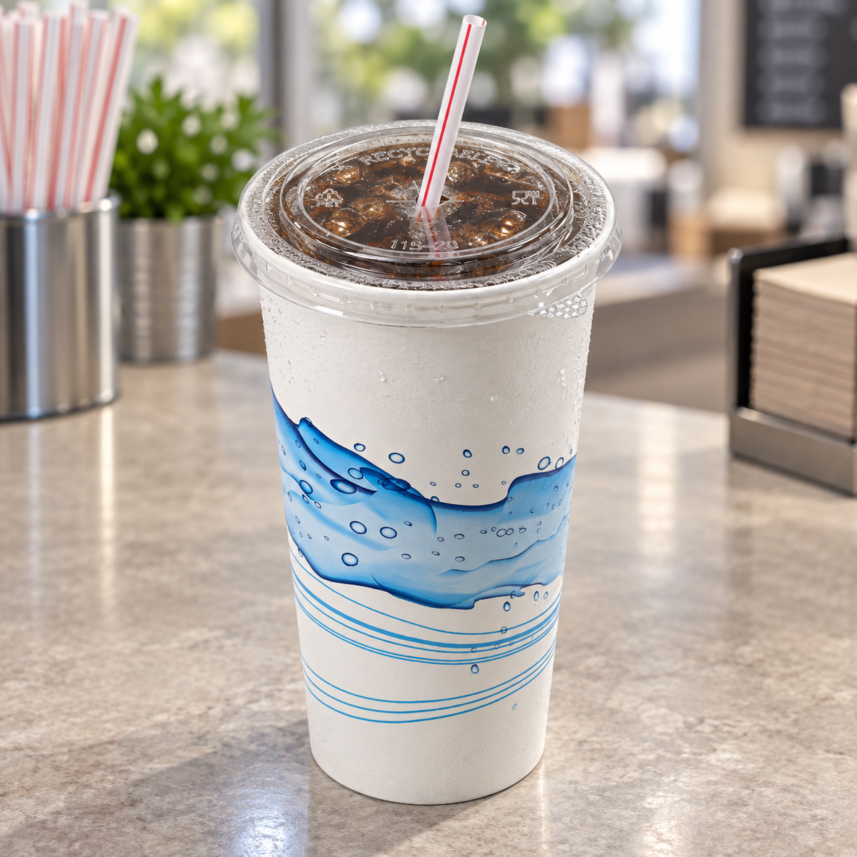 AI-assisted serving example of an Empress ECCFLID-44 lid on a Cool Wave 44 oz cup; cup, drink and straw sold separately
