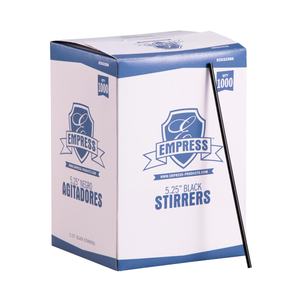 Empress ECK525BK 1,000-count box with a 5.25-inch black unwrapped straw/stirrer